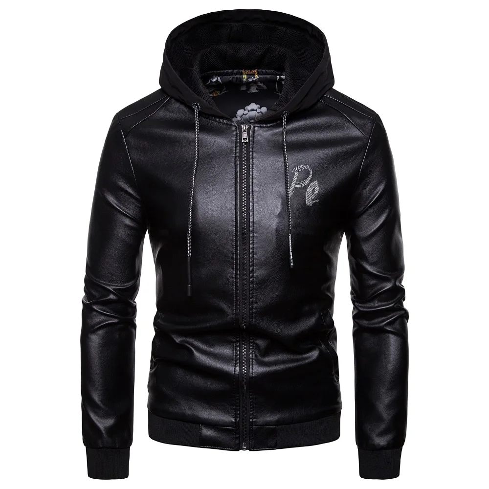 Кожаная куртка с капюшоном для мужчин бренд письмо вышивка Тонкий Chaqueta Cuero Hombre модная мужская байкерская куртка на молнии Большие размеры 3XL