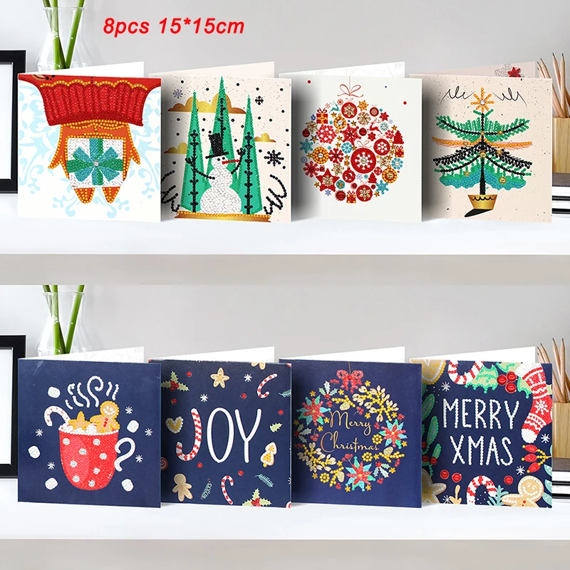 8Pcs 15x15cm 5D DIY алмазная живопись поздравительная открытка особой формы рождественская Алмазная вышивка открытки на день рождения Рождественский подарок navidad - Цвет: 8Pcs 15x15cm