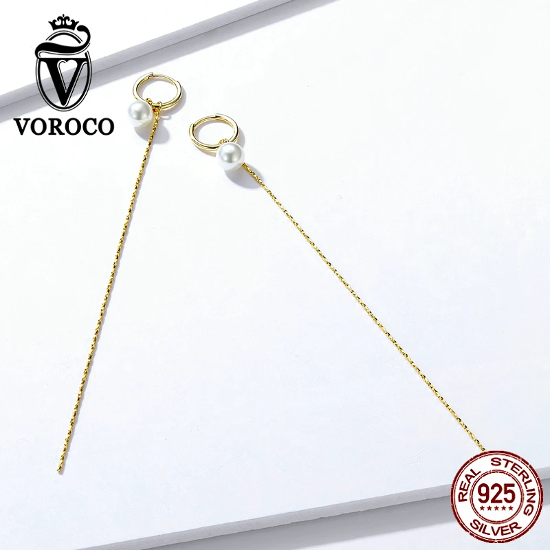 VOROCO BNE325 925 пробы серебряные висячие серьги с золотым жемчугом длинные висячие серьги для женщин гипоаллергенные ювелирные изделия