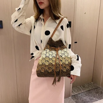 

BEAU-Women Bucket String Beach Bags Summer Straw Bag Female Shoulder Bag Messenger Crossbody Bags Braided Bucket Bag