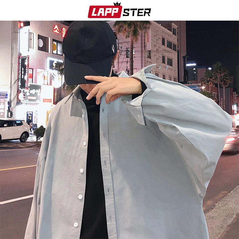LAPPSTER Мужская Уличная однотонная кофточки оверсайз Мужская s Harajuku корейская мода рубашки с длинными рукавами Повседневная Осенняя черная рубашка