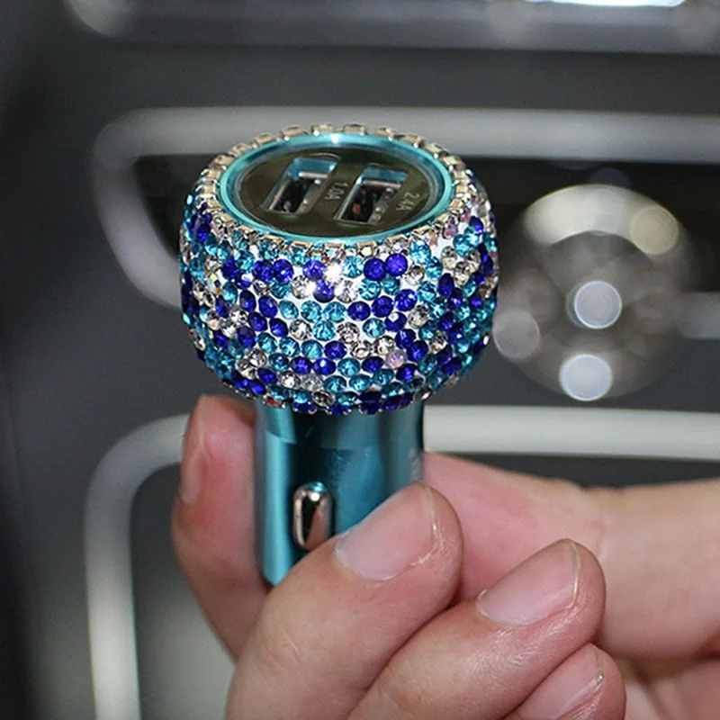 Dual USB Car Charger For Mobile Phone Tablet GPS Fast Charger Crystal Diamond Phone 3 Data Line Wire in Car Cigarette Lighter