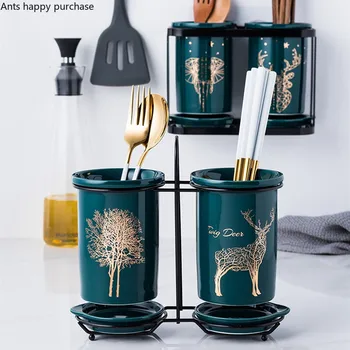 

Ceramic Chopsticks Tube Tableware Drain Rack Green Storage Box Household Wall Hanging Chopsticks Cage Kitchen Storage Bucket