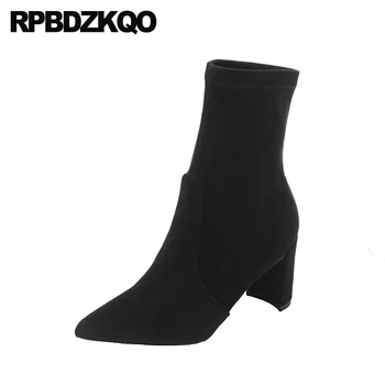 

fall short block fashion suede slip on ankle pointed toe high heel fur chunky women boots winter 2019 thick black shoes autumn