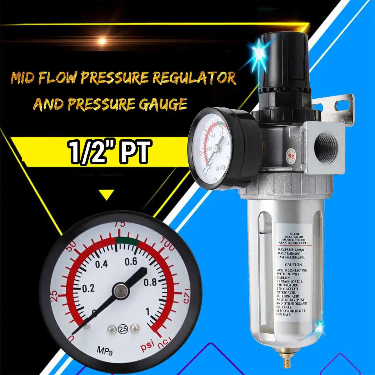 

1pc SFR-400 Pneumatic Filter Air Treatment Unit Pressure Regulator Compressor Reducing Valve Oil Water Separation SFR400 Gauge