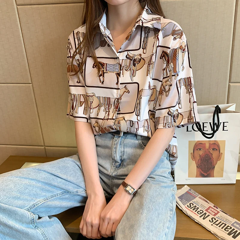 Fashion Women Print House White Shirt Chic Checked Shirts Blouse Short Sleeve Female Casual Print Shirts Loose Retro Tops Blusas