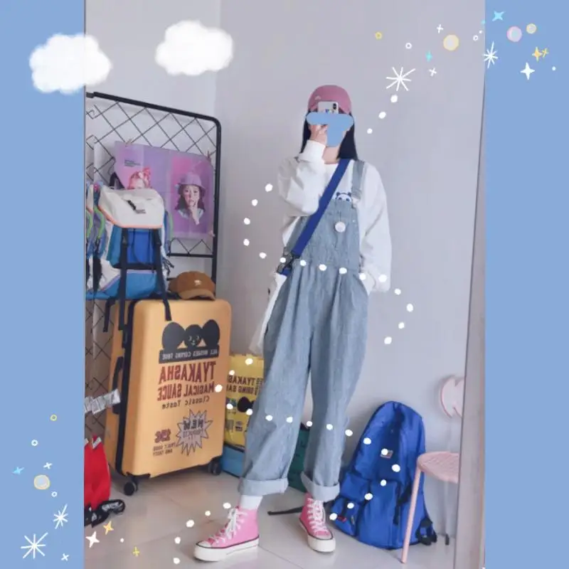 Women Spring New Striped Denim Jumpsuits Girls Loose Trousers Korean Students Wild Harajuku Overalls Straight pants Mori Girl Women Spring New Striped Denim Jumpsuits Girls Loose Trousers Korean Students Wild Harajuku Overalls Straight pants Mori Girl