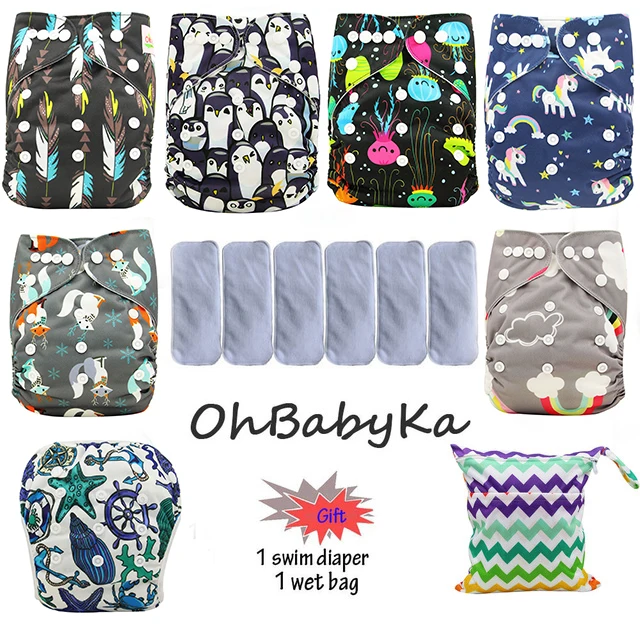 Ohbabyka/детские тканевые подгузники; складные тренировочные штаны; 6 шт.; многоразовые карманные подгузники+ 6 шт.; бамбуковые вставки; детские подгузники