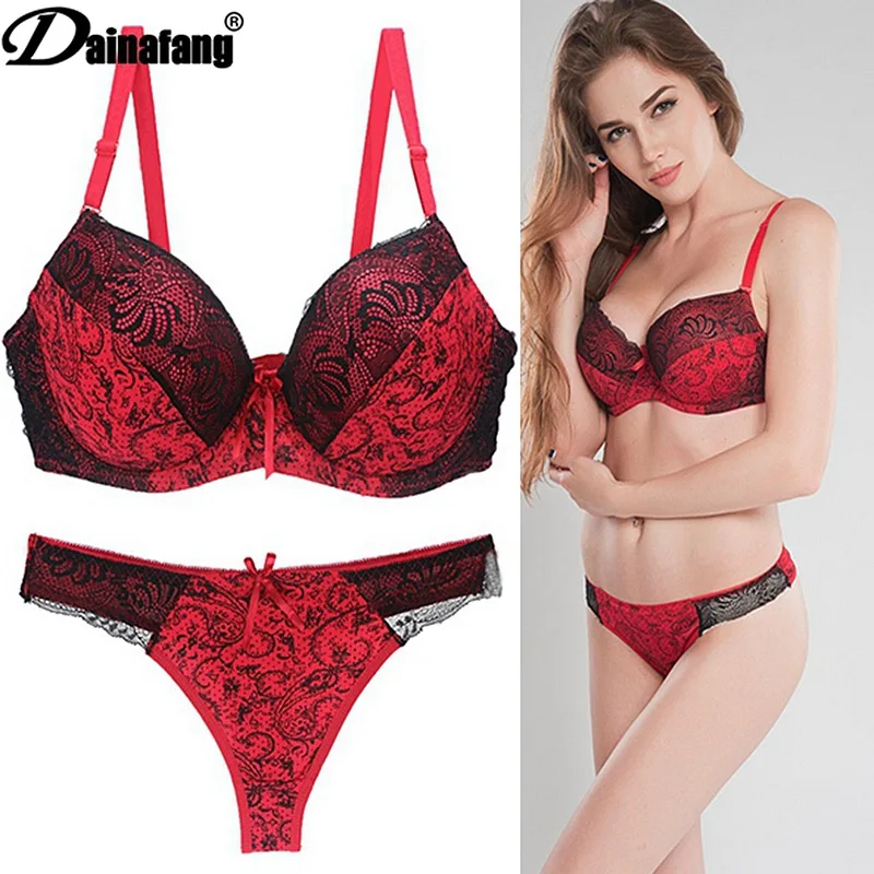 European and American sexy bra set thong lace printed color matching underwear plus size | Женская одежда