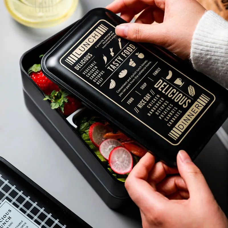 Bento Box двухслойный изолированный ланч портативный пластиковый Ланч-бокс в скандинавском стиле черный школьный контейнер для еды