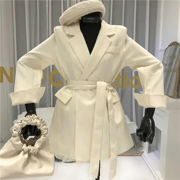 

2020 New Korean Belt Waist Casual Suit Coat Female Mid-length Slim Long-sleeved Blazer Jacket Coats Women Slim Blazers Outwear