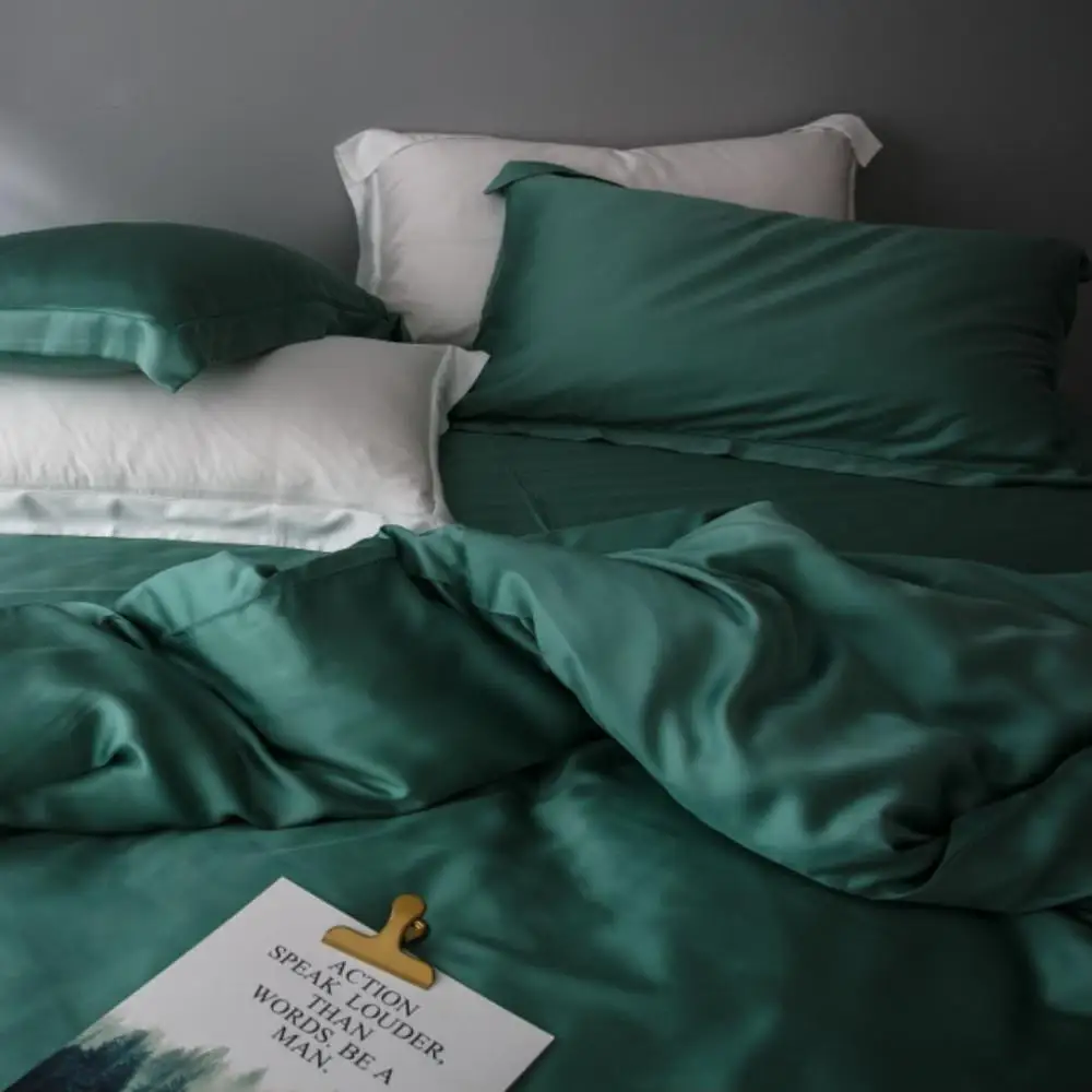 Luxury 100% Tencel Silk Bedding Set cool silky solid color Healthy Skin Duvet Cover Set Flat Sheet Pillowcase Queen King Bed Set