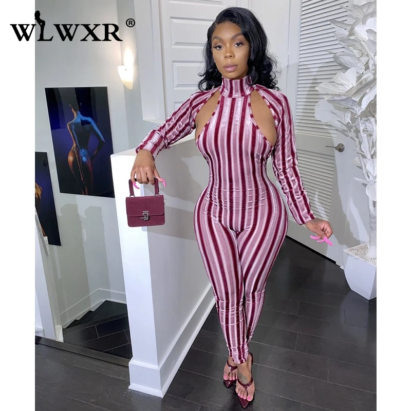 Розовый WLWXR в розовую полоску с низким вырезом на спине женские Bodycon длинный комбинезон Для женщин облегающие Клубные пикантные комбинезоны Для женщин s комбинезон женский комбинезон - Цвет: Розовый