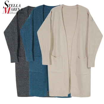 

* New Woman 2020 Long Hipster Cardigan Sweater Pockets Open Stitch Solid Blue Khaki Ladies Casual Winter Warm Sweater Style 2014