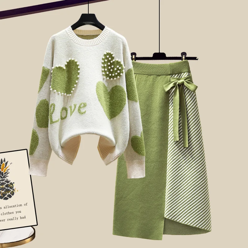  Women Sweet Heart Shaped Beaded Pullover Jumper Top And Irregular Striped Skirt Knit Sweater Two Piece set JKP5876