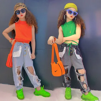 

Spring Summer girls jeans baby denim pants kids trousers children streetwear pocket knee hollow out inside outside 3 to 12 yrs