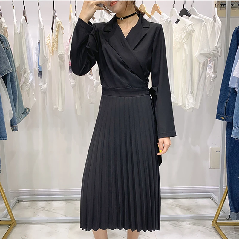 Black Dress Женская одежда, Осеннее дизайнерское плиссированное платье с длинным рукавом, модное платье с бантом и зубчатым воротником, обтягивающее женское вечернее платье - Цвет: Black Dress