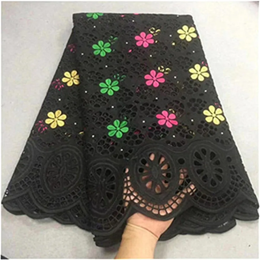 Швейцарские кружева ткань из Дубая brode черного цвета в африканском стиле; цветные ткани швейцарская вуаль кружевная ткань с stoens 5 ярдов/партия