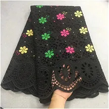 Швейцарские кружева ткань из Дубая brode черного цвета в африканском стиле; цветные ткани швейцарская вуаль кружевная ткань с stoens 5 ярдов/партия