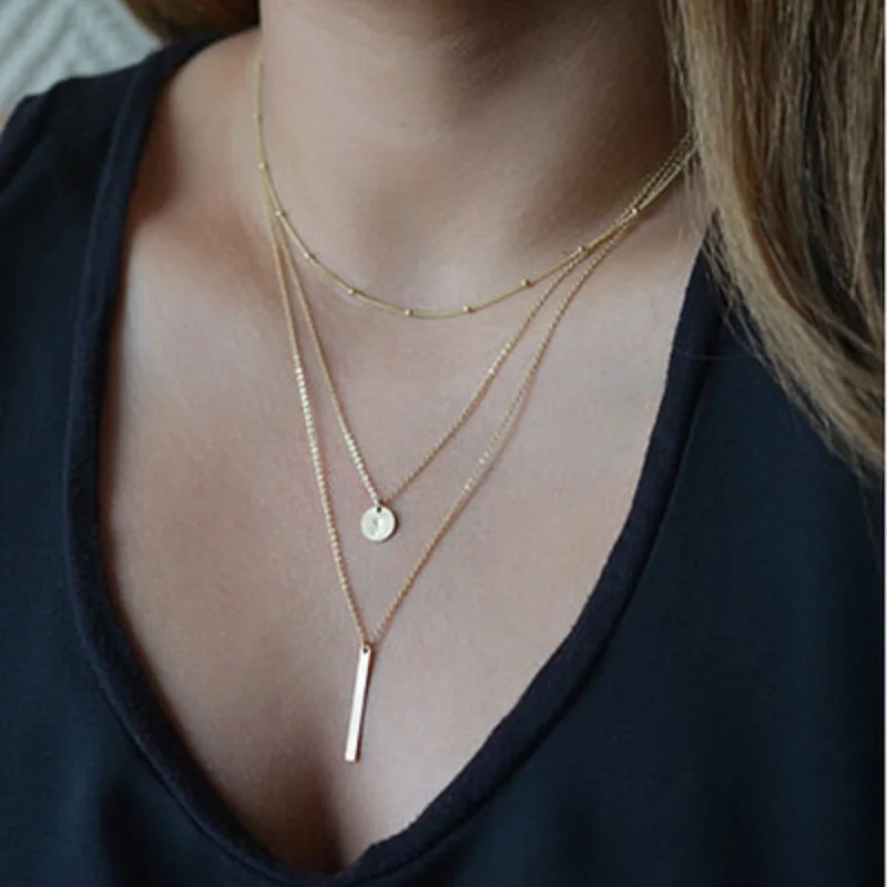 

2019 Fashion Women's Jewelry Colar European Simple Gold Silver Multi Layers Bar Coin Necklace Pendant Clavicle Chains Jewelry