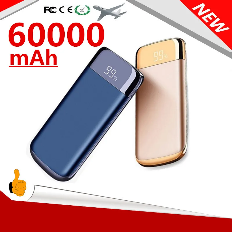 Для Xiaomi Samsung iphone XS 60000mah внешний аккумулятор повербанк 2 USB LED Powerbank Портативный