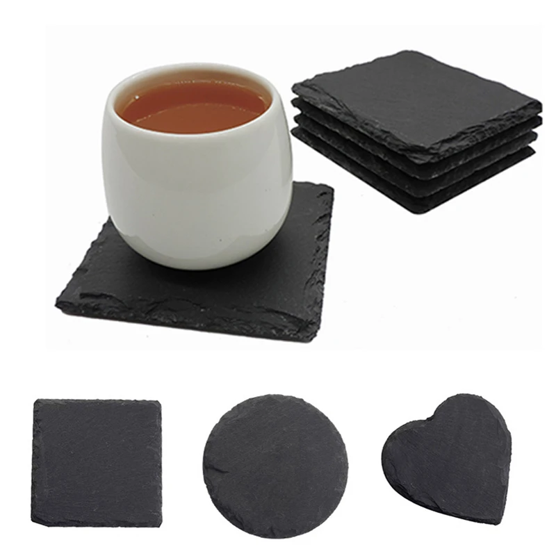 5 PCS Slate Stone Drink Coasters Cup Mats Natural Dish Plate for Bar Kitchen Home Decor Black 10cm(3.9Inch) Wholesale XB |