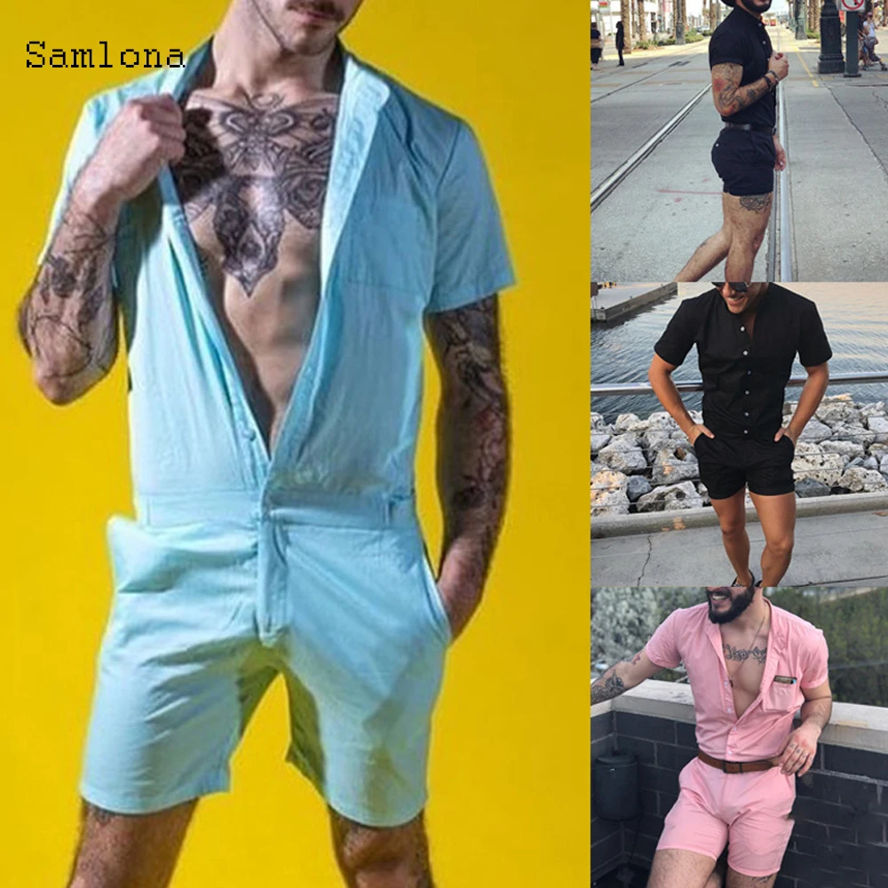 

75%Cotton Jumpsuit Mens Casual Lightweight Short Sleeve Rompers Solid Color Overall Single Breasted Romper Pocket Short Pants