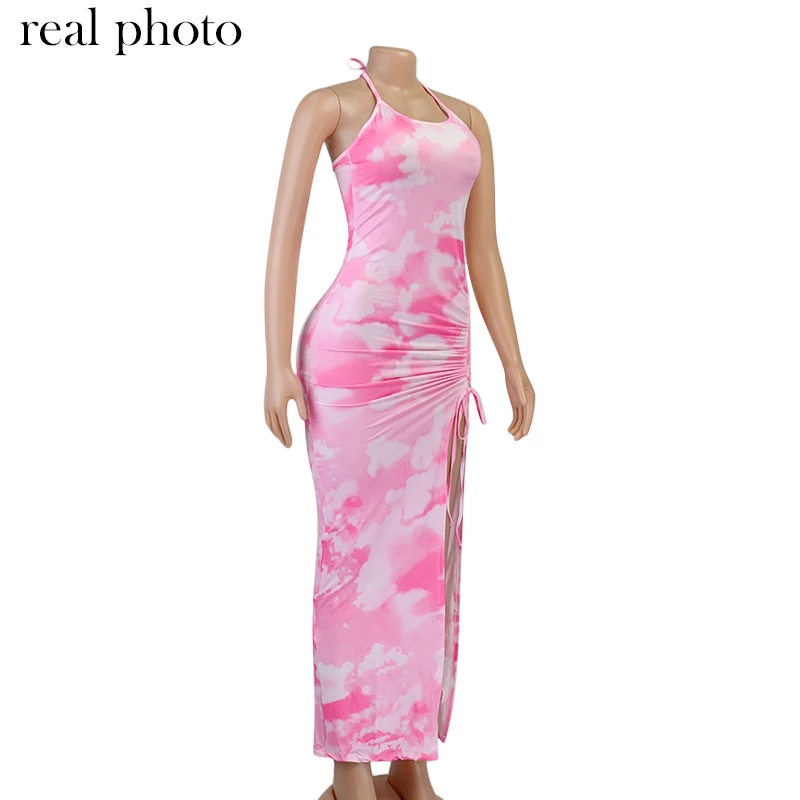 Simenual Tie Dye Drawstring Side Slit Women Maxi Dresses Strap Sleeveless Party Club Fashion Slim Backelss Bodycon Halter Dress