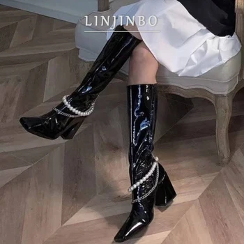 

Pearl Chain Patent Leather Long Boots Women Square Toe Side Zipper Knee Boots Women 2020 Brand Design High Heel Boots Women