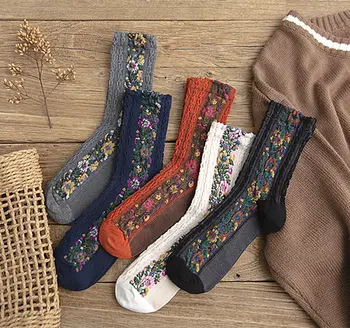 

New hemp pattern female cotton socks day department restore ancient ways small broken flower tube personality