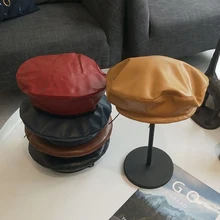Винтажный берет из искусственной кожи, шапка для женщин и мужчин, плоская шапка, однотонная черная, кофейная, верблюжья, винная, красная, темно-синяя, модная французская шапка, Осень-зима