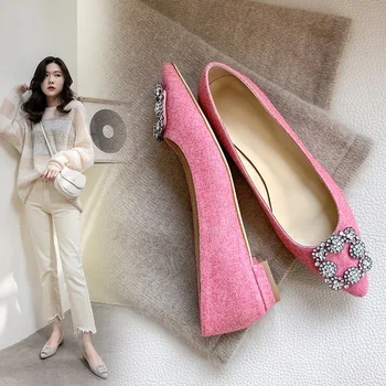 

New Style WOMEN'S Shoes Versatile Comfortable Flat Small Sharp Point Rhinestone Buckle Low-Cut Side Scoop Bootie Suede Shoes