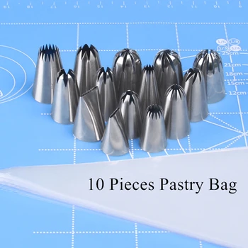 

14 Pieces Stainless Steel Pastry Nozzles and 10 Pieces Pastry Bag Set Cake Cream Decorating Tips Cupcake Icing Piping Tool