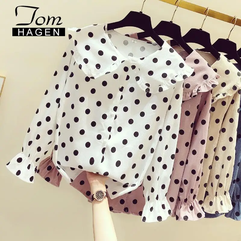 Весенняя женская блузка в горошек с оборками элегантные рубашки рубашка длинным