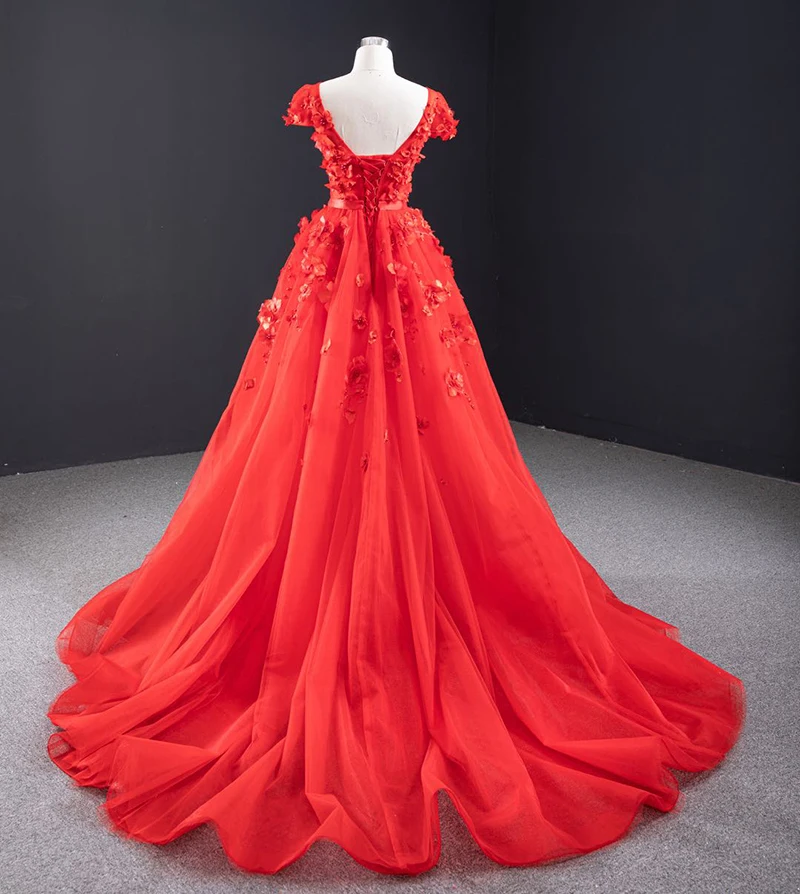 RSM67077 Red Elegant Red Blanket Banquet Evening Dress Applique Print Detachable Trailing Short Sleeve Vestido De Festa Longo 2