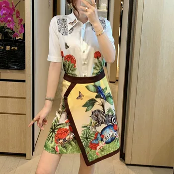 

Runway Bohemian Retro Print Flowers Butterfly Shirt Irregular Skirt Elegant Temperament Women'S Two-Piece Set High Quality