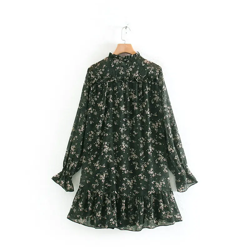 Женское винтажное платье с цветочным принтом, женское платье с бантом и стоячим воротником, с длинным рукавом, ТРАПЕЦИЕВИДНОЕ ПЛАТЬЕ с оборками, Повседневное платье XNGC9570