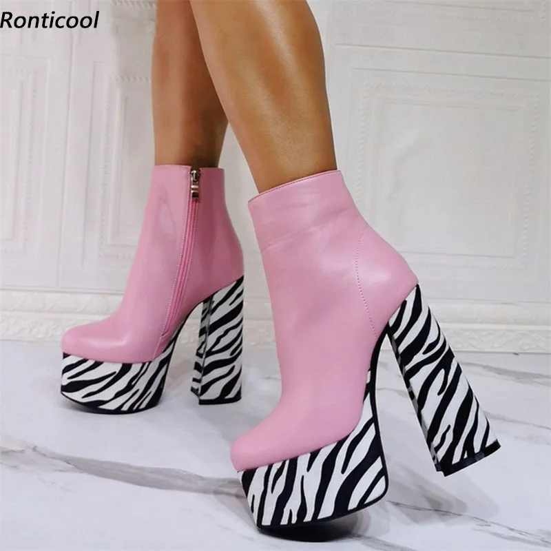 

Ronticool Hot Handmade Women Winter Platform Ankle Boots Chunky Heels Round Toe Gorgeous Zebra Shoes Ladies Plus US Size 5-15