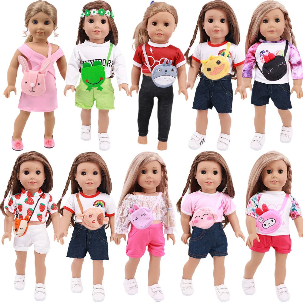 Doll Suit 2Pcs/Set T-Shirts With Shorts+Mini Cutepet Bag Fit 18Inch American Clothes 43cm Baby Accessories Girls Gift | Игрушки и хобби