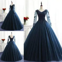 Новейшее бальное платье с v-образным вырезом с длинным рукавом на шнуровке сзади с кружевной аппликацией Очаровательные платья элегантные платья