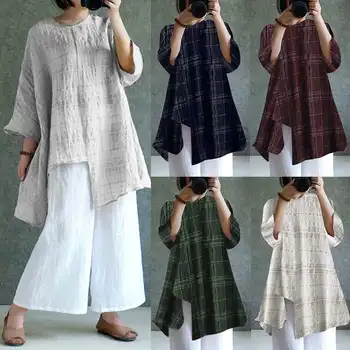 

2020 ZANZEA Summer Women Vintage Cotton Linen Blouse Plus Size Tops Long Sleeve Plaid Shirts Asymmetrical Baggy Casual Blusas