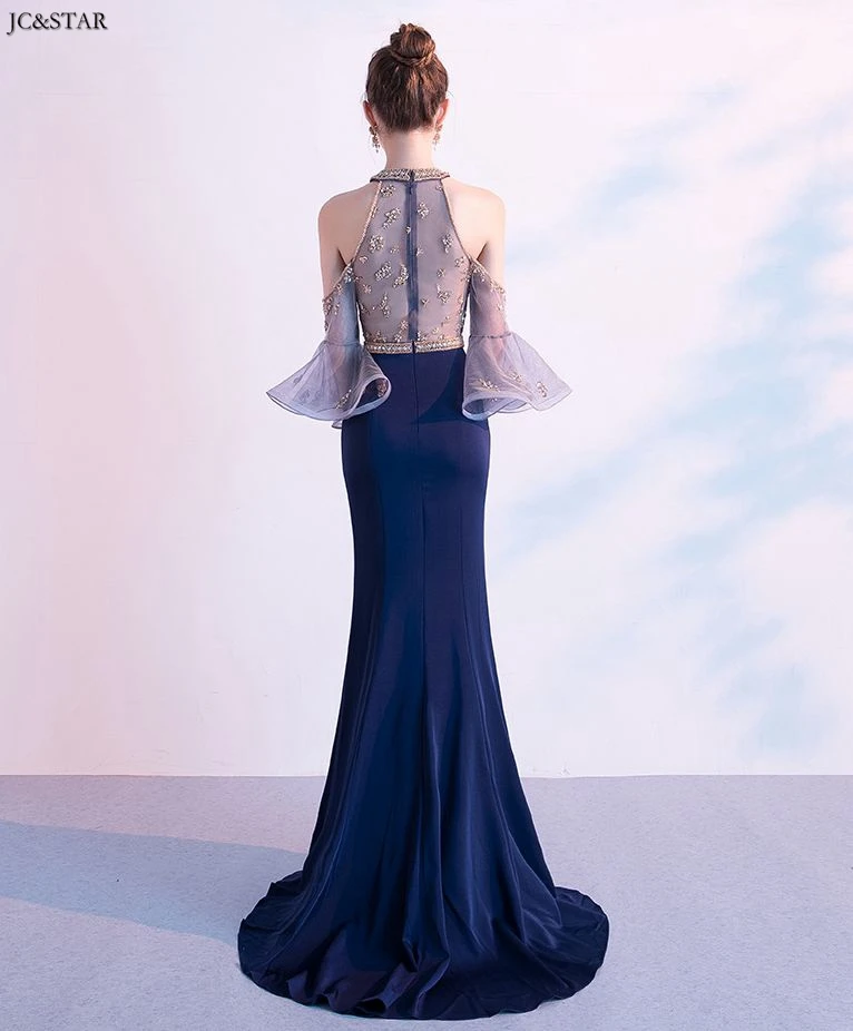 Vestido de festa para casamento, новинка, кружевное платье с кристаллами, рукава-трубы, золотое, темно-синее, сексуальное, Русалка, gaun pesta dewasa, роскошное, sukienka d