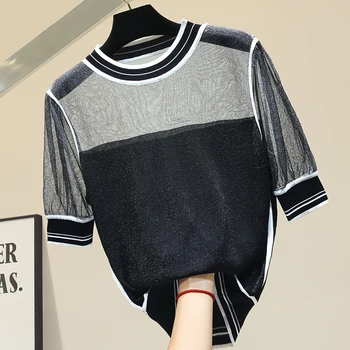 

Sexy Mesh Stitching Thin Knitted T-shirt Female Red Tshirt Summer Top Blusas Mujer De Moda 2020 Nancylim Womens T Shirts