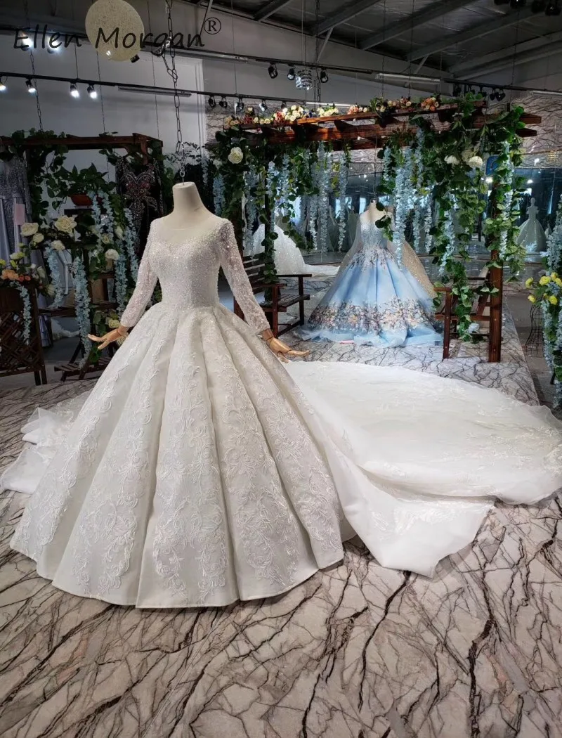 Элегантные бальные платья с длинными рукавами для невесты 2019 соборный Королевский Шлейф с открытой спиной Кружева Бисероплетение Vestidos De