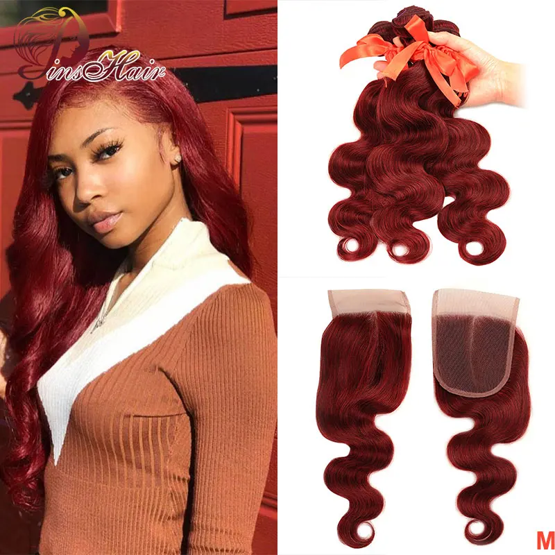 

Pinshair 99J Bundles With Closure Body Wave Bundles Red Human Hair Wave Bundles With Closure Peruvian Non-remy With Baby Hair