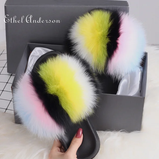 2021 Hot Sale Women Real Fox Fur Slippers Multi-color Summer Fashion Slides Casual Female Furry Shoes As picture