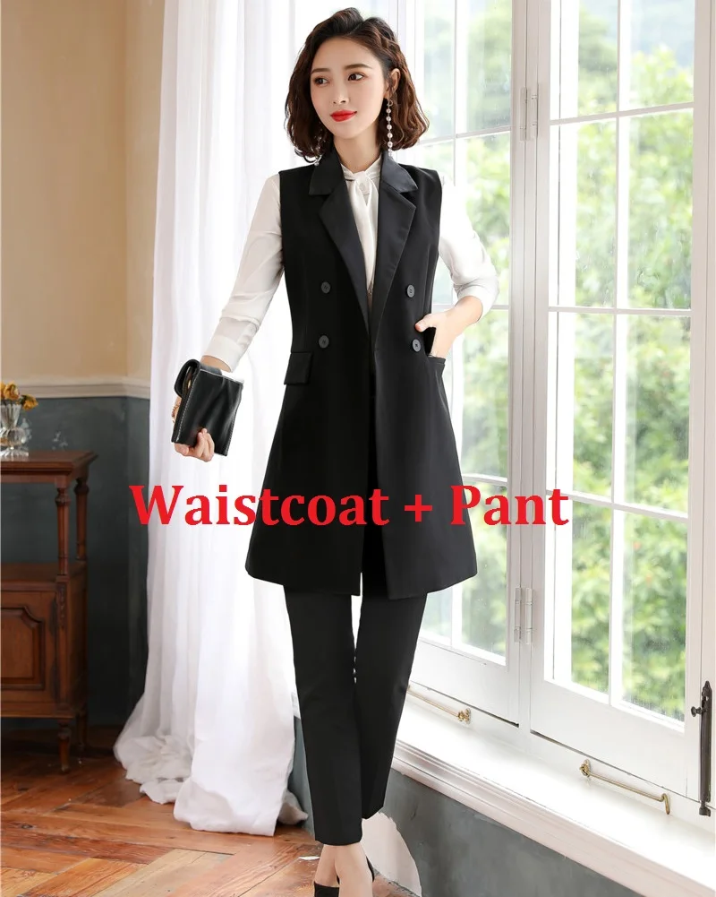 New Women Waistcoat Long Outerwear Jacket Black 2 Piece Pant and Vest Sets Office Ladies Business Suits - Цвет: Waistcoat and Pant