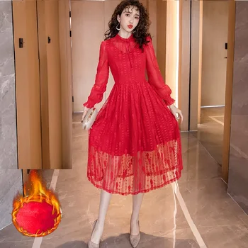 

Free shipping 2019 Winter Female warm fleece Lace long Dress Women puff Sleeve plus size A-line Dress elegant vestidos XXXXL 6XL