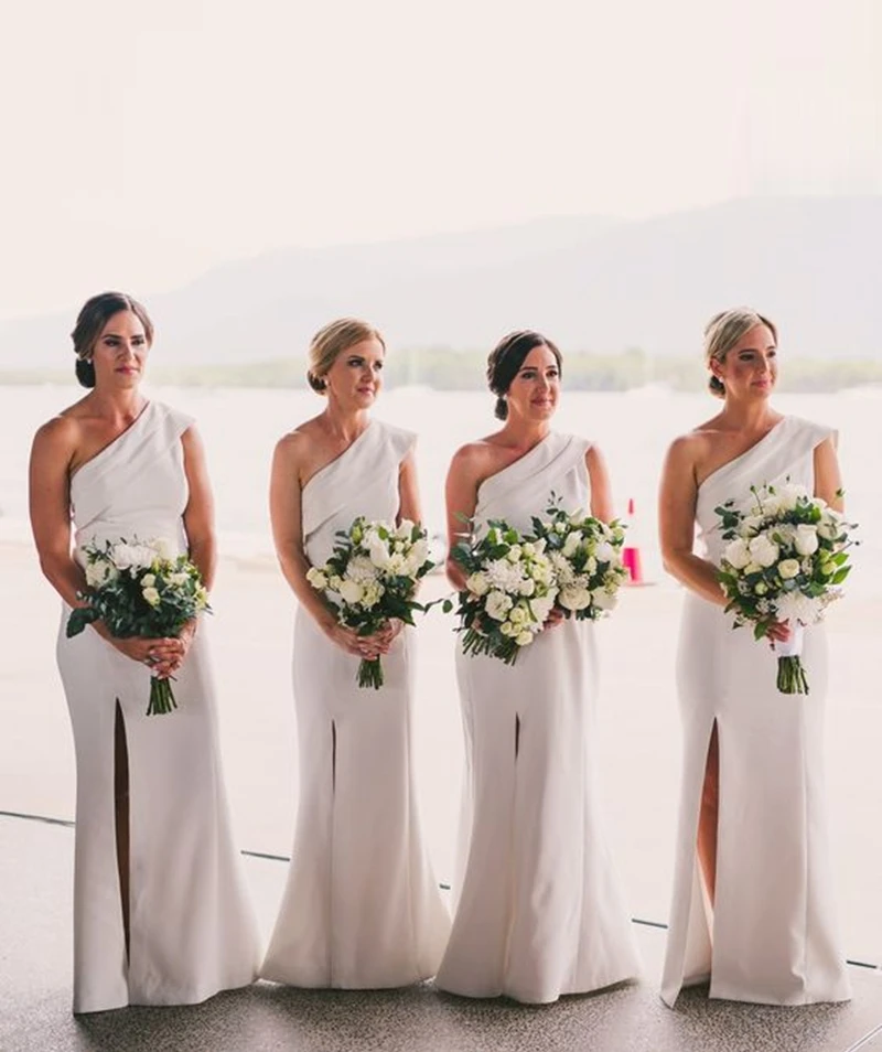 Новое поступление, элегантные платья подружки невесты 2019, длинные платья русалки на одно плечо, v-образный вырез, длина до пола, свадебные