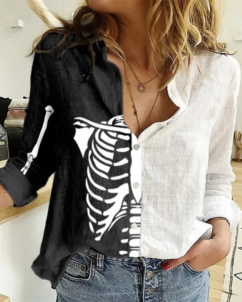 

2020 Women Casual Autumn Turn-down Collar Buttoned Skeleton Blouse Halloween Figure Print Colorblock Shirt